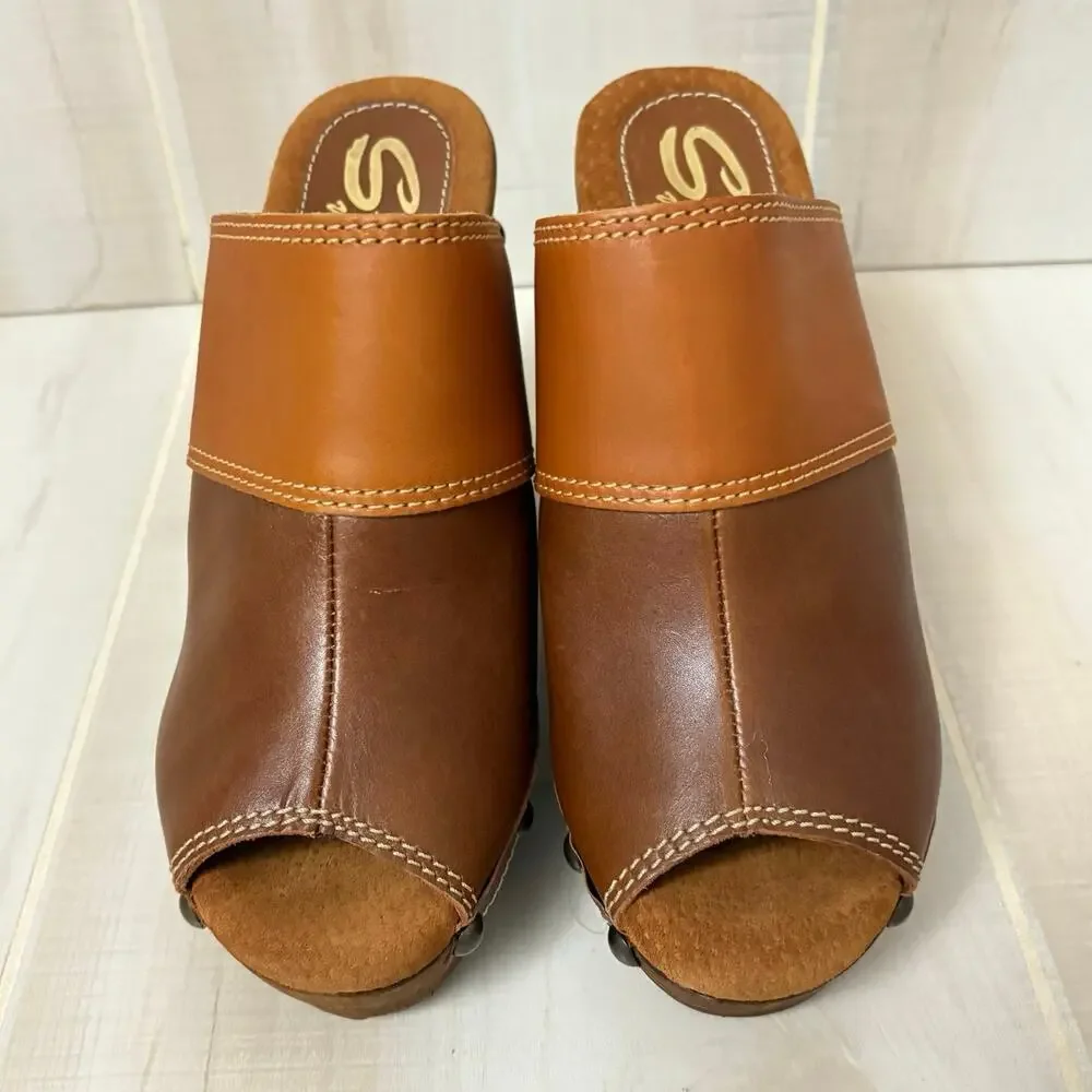 Sbicca Vintage Collection Leather Platform Clogs Studded Brown Slip-On 39(8.5)